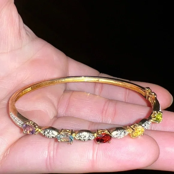 Gold Tone Multi Gem Amethyst Garnet Citrine Peridot Aquamarine Bangle Bracelet - Picture 9 of 14